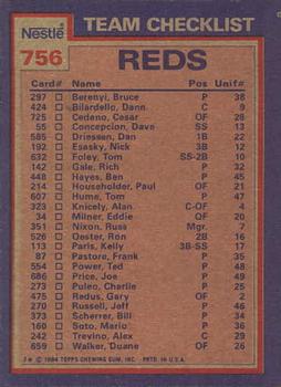 1984 Topps Nestle #756 Reds Leaders / Checklist (Ron Oester / Mario Soto) Back