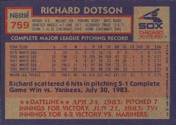 1984 Topps Nestle #759 Richard Dotson Back