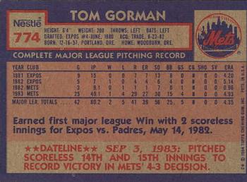 1984 Topps Nestle #774 Tom Gorman Back