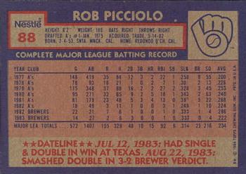 1984 Topps Nestle #88 Rob Picciolo Back