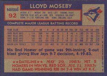 1984 Topps Nestle #92 Lloyd Moseby Back