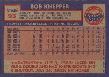1984 Topps Nestle #93 Bob Knepper Back