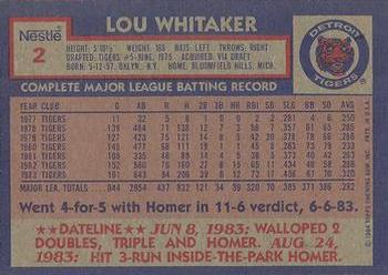 1984 Topps Nestle Dream Team #2 Lou Whitaker Back
