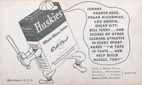 1941 Huskies Cereal Trade Card #NNO Johnny Vander Meer / Frank McCormick Back