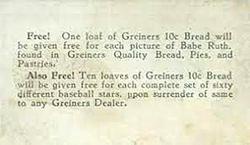 1928 Greiners Bread #26 Lou Gehrig Back
