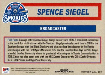 2019 Grandstand Tennessee Smokies #NNO Spencer Siegel Back
