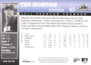 2011 MultiAd Trenton Thunder SGA #16 Tim Norton Back