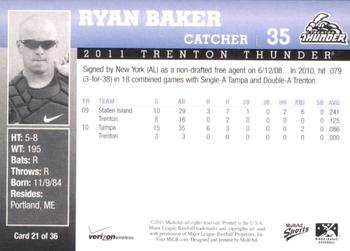 2011 MultiAd Trenton Thunder SGA #21 Ryan Baker Back
