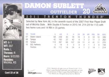 2011 MultiAd Trenton Thunder SGA #33 Damon Sublett Back