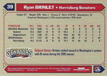 2017 Grandstand Harrisburg Senators #NNO Ryan Brinley Back