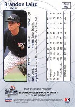 2011 Choice Scranton/Wilkes-Barre Yankees #09 Brandon Laird Back