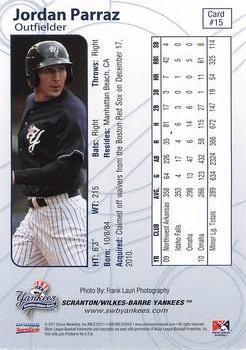 2011 Choice Scranton/Wilkes-Barre Yankees #15 Jordan Parraz Back