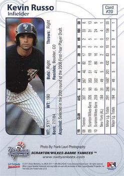 2011 Choice Scranton/Wilkes-Barre Yankees #20 Kevin Russo Back