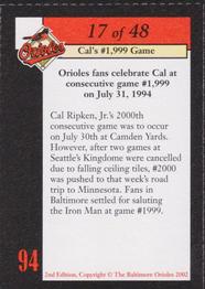 2002 Baltimore Orioles Greatest Moments of Oriole Park at Camden Yards #17 Cal Ripken, Jr. Back