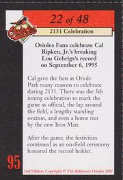 2002 Baltimore Orioles Greatest Moments of Oriole Park at Camden Yards #22 Cal Ripken, Jr. Back
