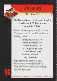 2002 Baltimore Orioles Greatest Moments of Oriole Park at Camden Yards #28 Brady Anderson / Bobby Bonilla / Rafael Palmeiro / BJ Surhoff Back