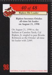 2002 Baltimore Orioles Greatest Moments of Oriole Park at Camden Yards #40 Cal Ripken, Jr. Back