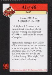 2002 Baltimore Orioles Greatest Moments of Oriole Park at Camden Yards #41 Cal Ripken, Jr. Back