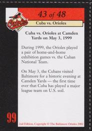 2002 Baltimore Orioles Greatest Moments of Oriole Park at Camden Yards #43 Cuba vs. Orioles Back