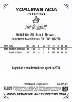 2019 Choice Vermont Lake Monsters #21 Yorlenis Noa Back