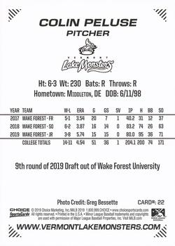 2019 Choice Vermont Lake Monsters #22 Colin Peluse Back