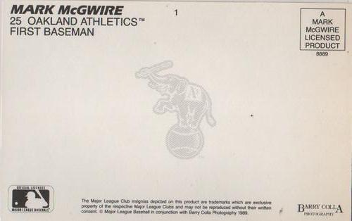 1989 Barry Colla Mark McGwire Postcards #1 Mark McGwire Back