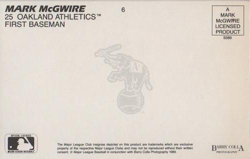 1989 Barry Colla Mark McGwire Postcards #6 Mark McGwire Back