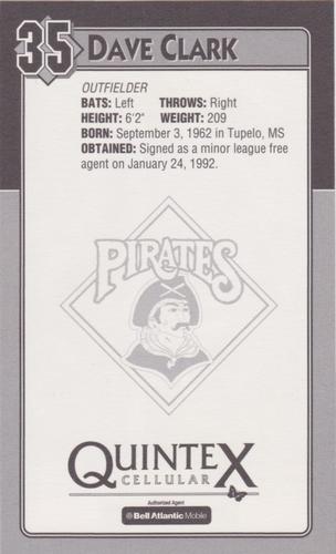 1994 Quintex Pittsburgh Pirates SGA #NNO Dave Clark Back
