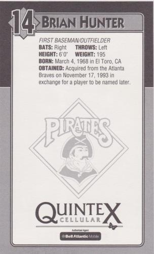 1994 Quintex Pittsburgh Pirates SGA #NNO Brian Hunter Back