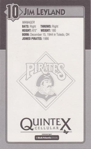 1994 Quintex Pittsburgh Pirates SGA #NNO Jim Leyland Back