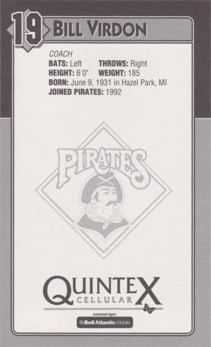 1994 Quintex Pittsburgh Pirates SGA #NNO Bill Virdon Back