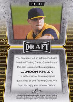 2020 Leaf Draft - Retail Autographs #BA-LK1 Landon Knack Back