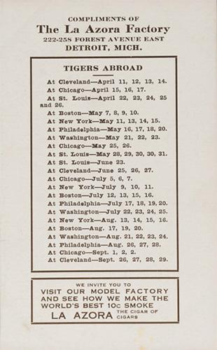 1912 La Azora Ty Cobb Tigers Schedule Cards #NNO Ty Cobb Back