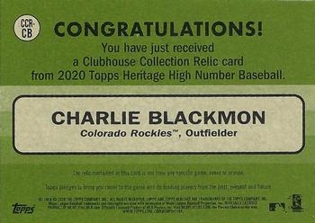 2020 Topps Heritage - Clubhouse Collection Relics (High Number) #CCR-CB Charlie Blackmon Back