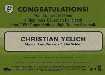 2020 Topps Heritage - Clubhouse Collection Relics (High Number) #CCR-CY Christian Yelich Back