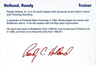 1991 Merchants Bank/WIXT9 Syracuse Chiefs #NNO Randy Holland Back