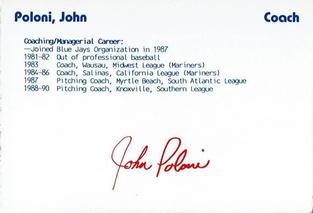 1991 Merchants Bank/WIXT9 Syracuse Chiefs #NNO John Poloni Back