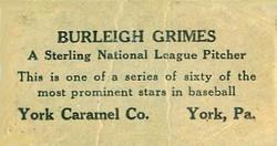 1927 York Caramel (E210) (Type 2) #1 Burleigh Grimes Back