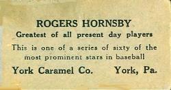 1927 York Caramel (E210) (Type 2) #13 Rogers Hornsby Back