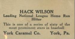 1927 York Caramel (E210) (Type 2) #25 Hack Wilson Back