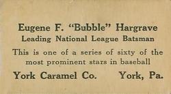 1927 York Caramel (E210) (Type 2) #33 Bubbles Hargrave Back