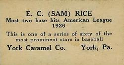 1927 York Caramel (E210) (Type 2) #36 Sam Rice Back