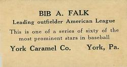 1927 York Caramel (E210) (Type 2) #39 Bibb Falk Back