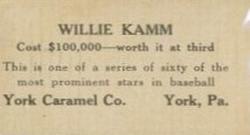 1927 York Caramel (E210) (Type 2) #40 Willie Kamm Back
