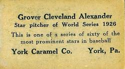 1927 York Caramel (E210) (Type 2) #44 Grover Alexander Back