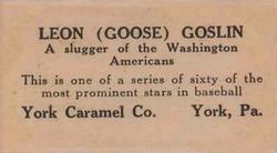 1927 York Caramel (E210) (Type 2) #49 Goose Goslin Back