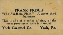 1927 York Caramel (E210) (Type 2) #50 Frank Frisch Back