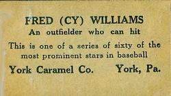 1927 York Caramel (E210) (Type 2) #52 Cy Williams Back