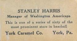 1927 York Caramel (E210) (Type 2) #41 Stanley Harris Back