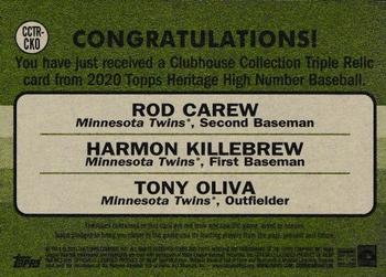 2020 Topps Heritage - Clubhouse Collection Triple Relics (High Number) #CCTR-CKO Rod Carew / Harmon Killebrew / Tony Oliva Back